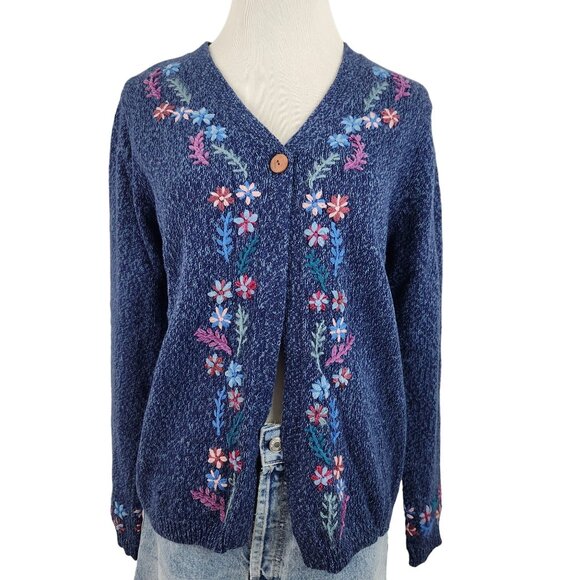 Vintage 80's Reference Point Sweater Women's Small Floral Embroidered Cardigan - Picture 1 of 12